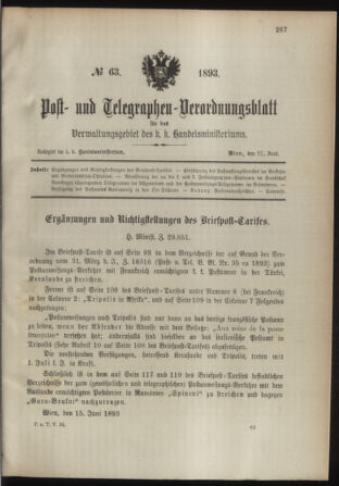 Post- und Telegraphen-Verordnungsblatt für das Verwaltungsgebiet des K.-K. Handelsministeriums 18930621 Seite: 1