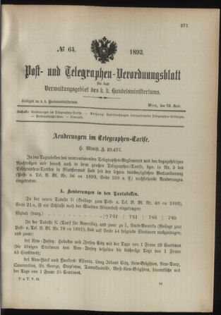 Post- und Telegraphen-Verordnungsblatt für das Verwaltungsgebiet des K.-K. Handelsministeriums 18930623 Seite: 1