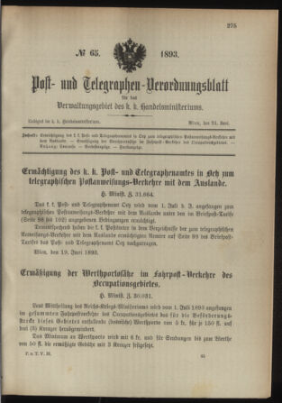 Post- und Telegraphen-Verordnungsblatt für das Verwaltungsgebiet des K.-K. Handelsministeriums 18930624 Seite: 1