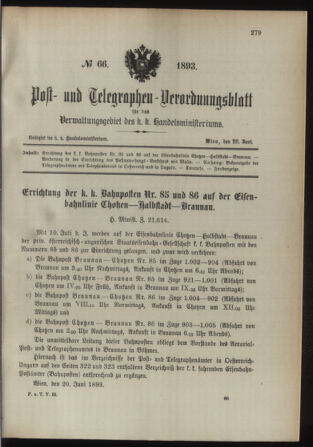 Post- und Telegraphen-Verordnungsblatt für das Verwaltungsgebiet des K.-K. Handelsministeriums 18930626 Seite: 1