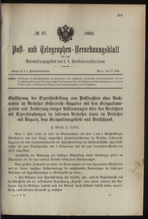 Post- und Telegraphen-Verordnungsblatt für das Verwaltungsgebiet des K.-K. Handelsministeriums 18930630 Seite: 1