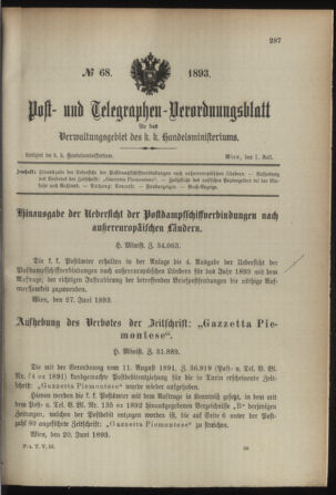 Post- und Telegraphen-Verordnungsblatt für das Verwaltungsgebiet des K.-K. Handelsministeriums 18930701 Seite: 1