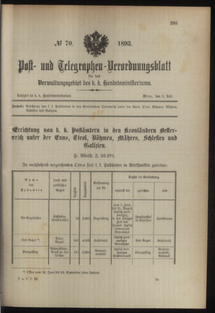 Post- und Telegraphen-Verordnungsblatt für das Verwaltungsgebiet des K.-K. Handelsministeriums 18930704 Seite: 1