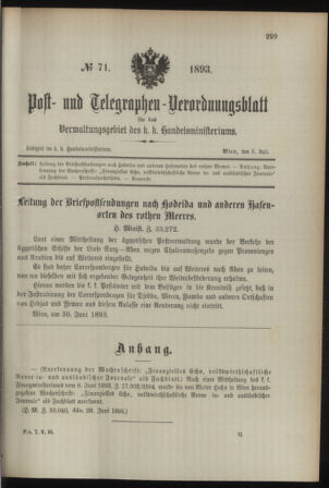 Post- und Telegraphen-Verordnungsblatt für das Verwaltungsgebiet des K.-K. Handelsministeriums 18930705 Seite: 1