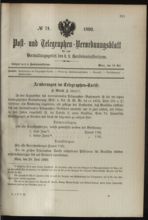 Post- und Telegraphen-Verordnungsblatt für das Verwaltungsgebiet des K.-K. Handelsministeriums 18930713 Seite: 1