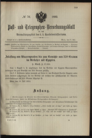 Post- und Telegraphen-Verordnungsblatt für das Verwaltungsgebiet des K.-K. Handelsministeriums 18930721 Seite: 1