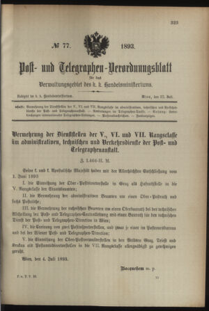 Post- und Telegraphen-Verordnungsblatt für das Verwaltungsgebiet des K.-K. Handelsministeriums 18930722 Seite: 1