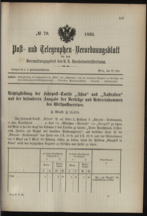 Post- und Telegraphen-Verordnungsblatt für das Verwaltungsgebiet des K.-K. Handelsministeriums 18930725 Seite: 1