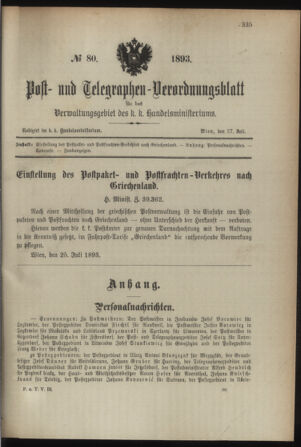 Post- und Telegraphen-Verordnungsblatt für das Verwaltungsgebiet des K.-K. Handelsministeriums 18930727 Seite: 1