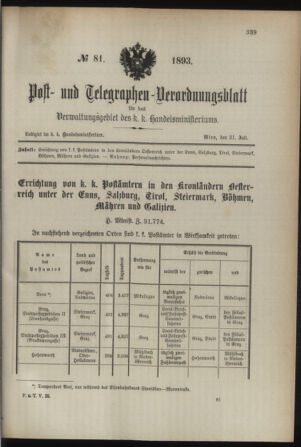 Post- und Telegraphen-Verordnungsblatt für das Verwaltungsgebiet des K.-K. Handelsministeriums 18930731 Seite: 1