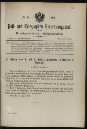 Post- und Telegraphen-Verordnungsblatt für das Verwaltungsgebiet des K.-K. Handelsministeriums 18930801 Seite: 1