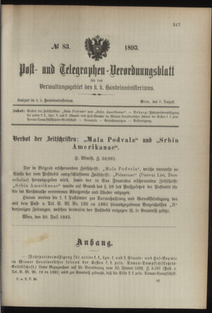 Post- und Telegraphen-Verordnungsblatt für das Verwaltungsgebiet des K.-K. Handelsministeriums 18930803 Seite: 1