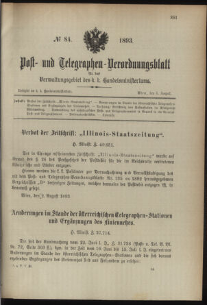 Post- und Telegraphen-Verordnungsblatt für das Verwaltungsgebiet des K.-K. Handelsministeriums 18930805 Seite: 1