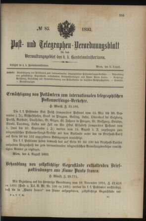 Post- und Telegraphen-Verordnungsblatt für das Verwaltungsgebiet des K.-K. Handelsministeriums 18930808 Seite: 1