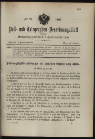 Post- und Telegraphen-Verordnungsblatt für das Verwaltungsgebiet des K.-K. Handelsministeriums 18930809 Seite: 1