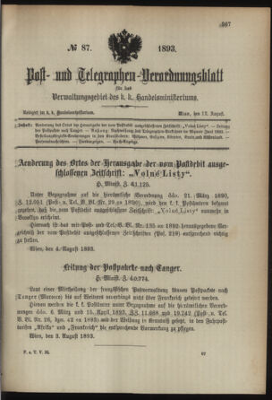 Post- und Telegraphen-Verordnungsblatt für das Verwaltungsgebiet des K.-K. Handelsministeriums 18930812 Seite: 1