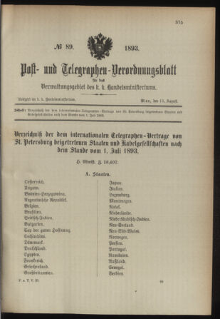 Post- und Telegraphen-Verordnungsblatt für das Verwaltungsgebiet des K.-K. Handelsministeriums 18930815 Seite: 1