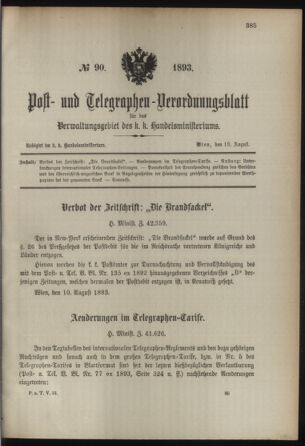 Post- und Telegraphen-Verordnungsblatt für das Verwaltungsgebiet des K.-K. Handelsministeriums 18930818 Seite: 1