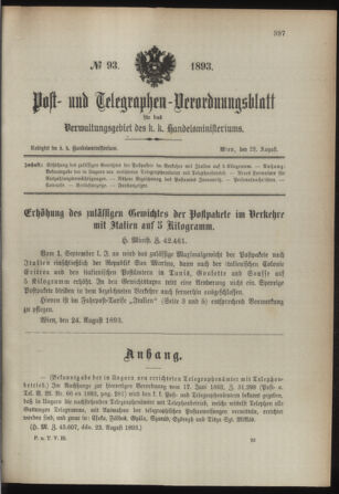 Post- und Telegraphen-Verordnungsblatt für das Verwaltungsgebiet des K.-K. Handelsministeriums 18930828 Seite: 1