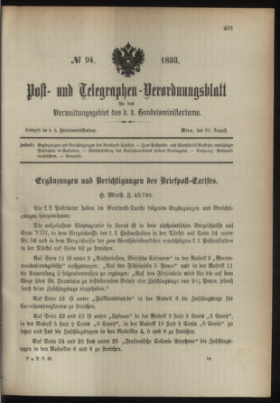 Post- und Telegraphen-Verordnungsblatt für das Verwaltungsgebiet des K.-K. Handelsministeriums 18930830 Seite: 1