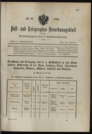 Post- und Telegraphen-Verordnungsblatt für das Verwaltungsgebiet des K.-K. Handelsministeriums 18930904 Seite: 1