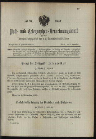 Post- und Telegraphen-Verordnungsblatt für das Verwaltungsgebiet des K.-K. Handelsministeriums 18930906 Seite: 1