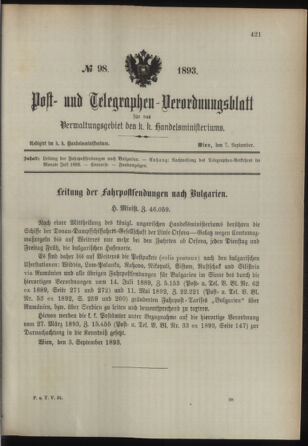 Post- und Telegraphen-Verordnungsblatt für das Verwaltungsgebiet des K.-K. Handelsministeriums 18930907 Seite: 1