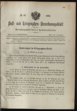 Post- und Telegraphen-Verordnungsblatt für das Verwaltungsgebiet des K.-K. Handelsministeriums 18930919 Seite: 1