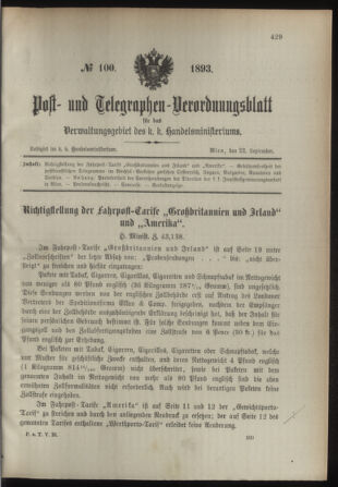 Post- und Telegraphen-Verordnungsblatt für das Verwaltungsgebiet des K.-K. Handelsministeriums 18930922 Seite: 1