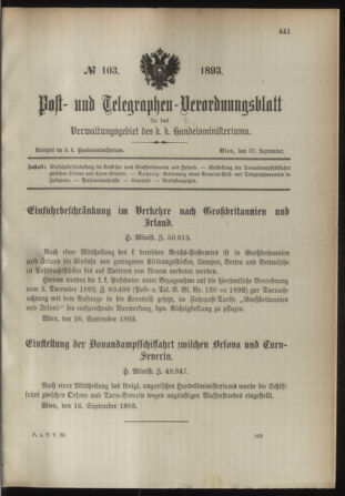 Post- und Telegraphen-Verordnungsblatt für das Verwaltungsgebiet des K.-K. Handelsministeriums 18930930 Seite: 1