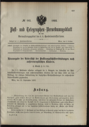 Post- und Telegraphen-Verordnungsblatt für das Verwaltungsgebiet des K.-K. Handelsministeriums 18931005 Seite: 1