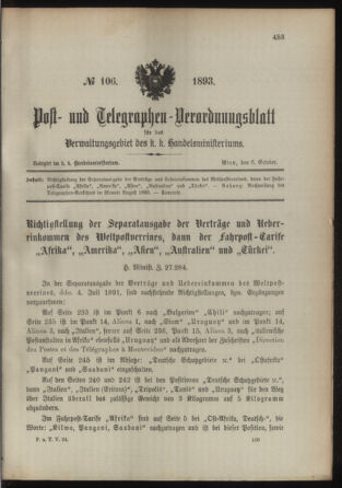 Post- und Telegraphen-Verordnungsblatt für das Verwaltungsgebiet des K.-K. Handelsministeriums 18931006 Seite: 1