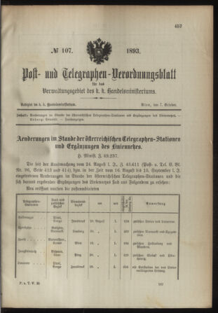 Post- und Telegraphen-Verordnungsblatt für das Verwaltungsgebiet des K.-K. Handelsministeriums 18931007 Seite: 1