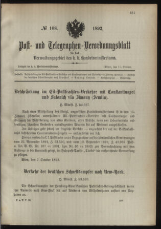 Post- und Telegraphen-Verordnungsblatt für das Verwaltungsgebiet des K.-K. Handelsministeriums 18931011 Seite: 1