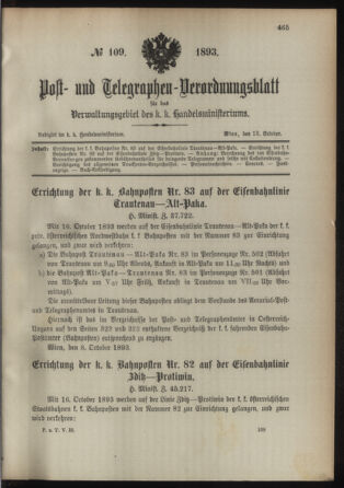 Post- und Telegraphen-Verordnungsblatt für das Verwaltungsgebiet des K.-K. Handelsministeriums 18931013 Seite: 1