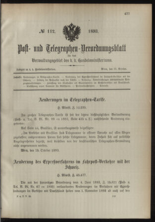 Post- und Telegraphen-Verordnungsblatt für das Verwaltungsgebiet des K.-K. Handelsministeriums 18931023 Seite: 1