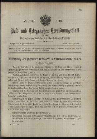 Post- und Telegraphen-Verordnungsblatt für das Verwaltungsgebiet des K.-K. Handelsministeriums 18931027 Seite: 1