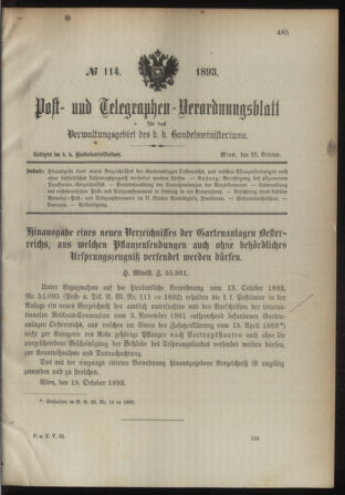 Post- und Telegraphen-Verordnungsblatt für das Verwaltungsgebiet des K.-K. Handelsministeriums 18931028 Seite: 1