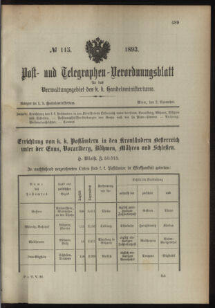 Post- und Telegraphen-Verordnungsblatt für das Verwaltungsgebiet des K.-K. Handelsministeriums 18931102 Seite: 1