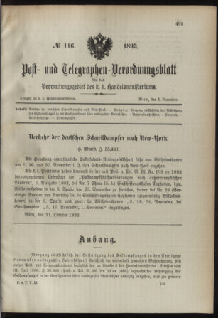 Post- und Telegraphen-Verordnungsblatt für das Verwaltungsgebiet des K.-K. Handelsministeriums 18931104 Seite: 1