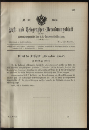 Post- und Telegraphen-Verordnungsblatt für das Verwaltungsgebiet des K.-K. Handelsministeriums 18931109 Seite: 1