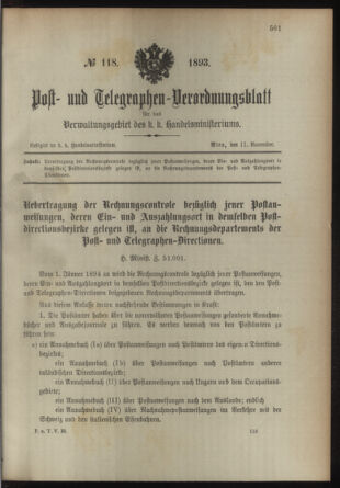 Post- und Telegraphen-Verordnungsblatt für das Verwaltungsgebiet des K.-K. Handelsministeriums 18931111 Seite: 1