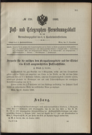 Post- und Telegraphen-Verordnungsblatt für das Verwaltungsgebiet des K.-K. Handelsministeriums 18931116 Seite: 1