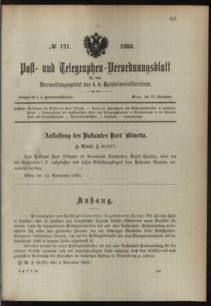 Post- und Telegraphen-Verordnungsblatt für das Verwaltungsgebiet des K.-K. Handelsministeriums 18931120 Seite: 1