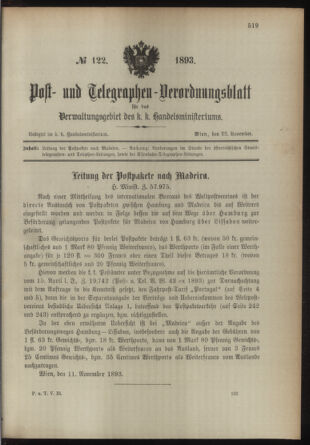 Post- und Telegraphen-Verordnungsblatt für das Verwaltungsgebiet des K.-K. Handelsministeriums 18931122 Seite: 1