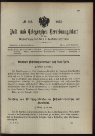 Post- und Telegraphen-Verordnungsblatt für das Verwaltungsgebiet des K.-K. Handelsministeriums 18931123 Seite: 1