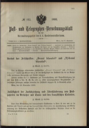 Post- und Telegraphen-Verordnungsblatt für das Verwaltungsgebiet des K.-K. Handelsministeriums 18931127 Seite: 1