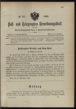 Post- und Telegraphen-Verordnungsblatt für das Verwaltungsgebiet des K.-K. Handelsministeriums 18931129 Seite: 1