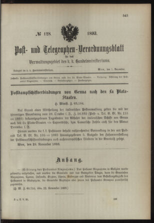 Post- und Telegraphen-Verordnungsblatt für das Verwaltungsgebiet des K.-K. Handelsministeriums 18931201 Seite: 1