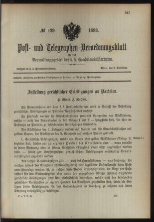 Post- und Telegraphen-Verordnungsblatt für das Verwaltungsgebiet des K.-K. Handelsministeriums 18931202 Seite: 1